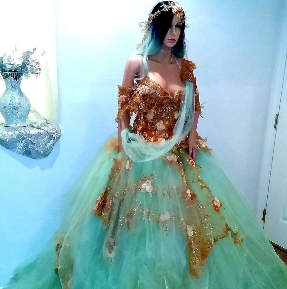 ISHANI Mint & Gold Lehenga Saree Wedding Ballgown